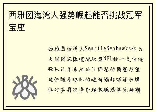 西雅图海湾人强势崛起能否挑战冠军宝座